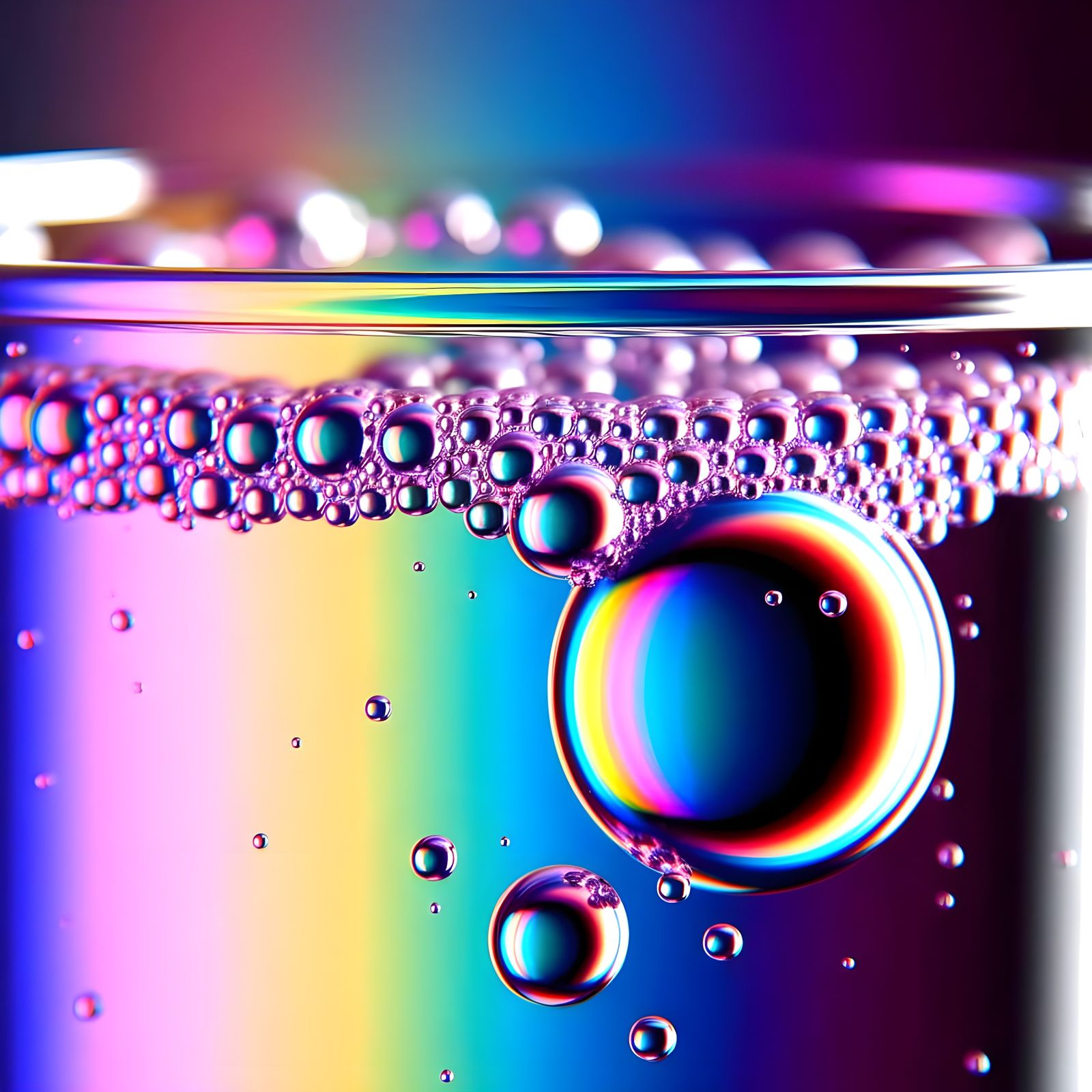Macro View of Iridescent Bubbles in Fizzy Drink