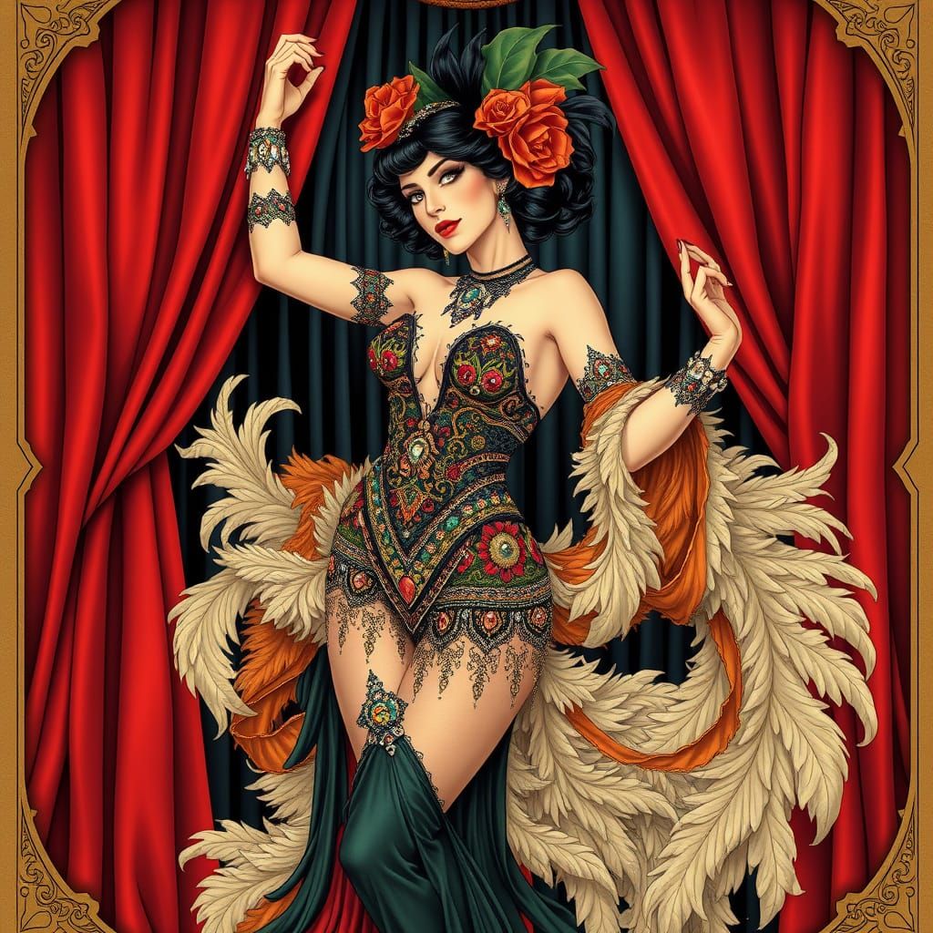 Art Nouveau Burlesque Dancer in Lavish Costume