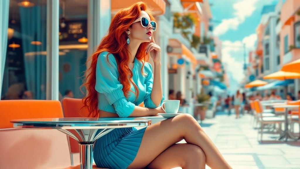 Retro-Futuristic Woman in Cafe with Pop Art Colors