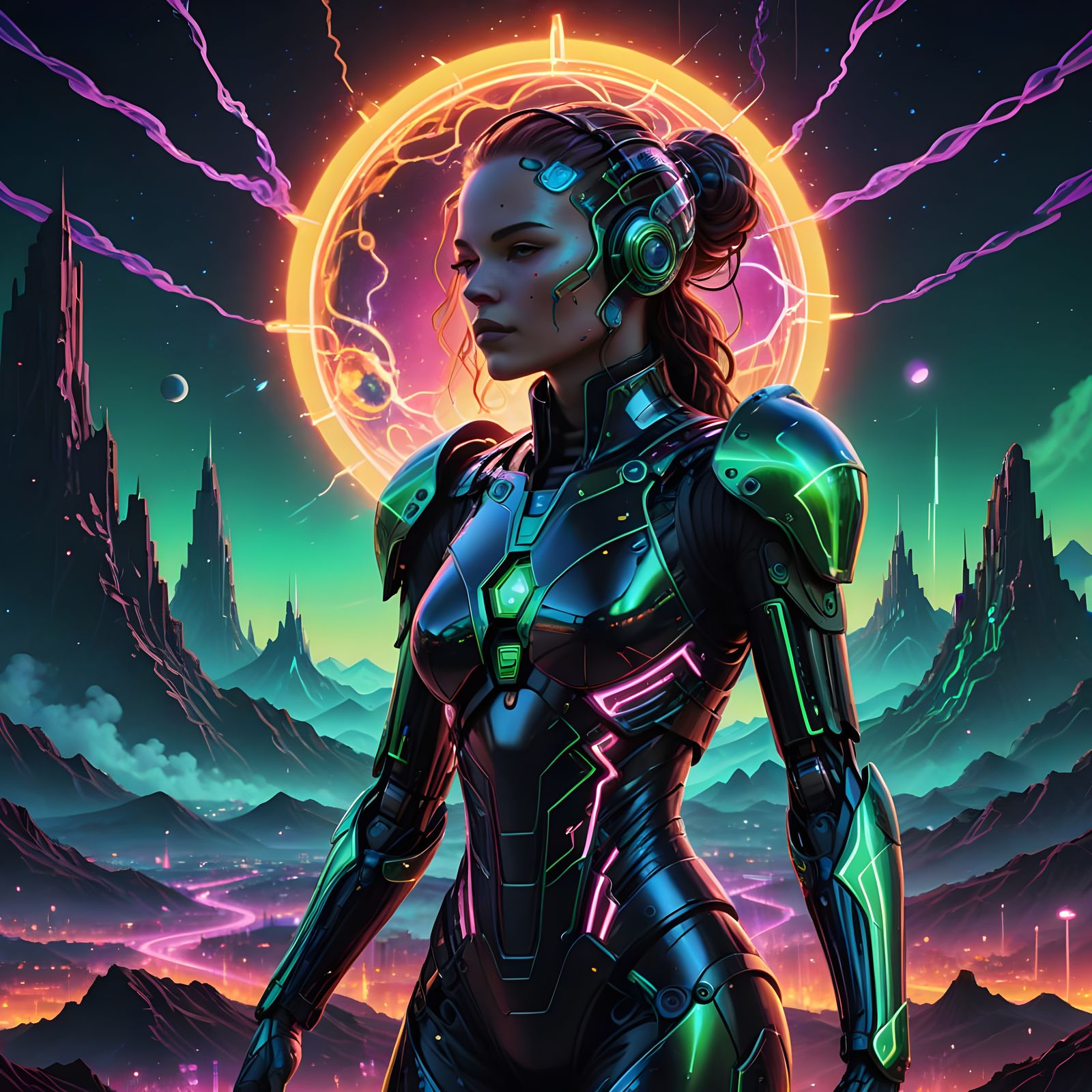 Cyberpunk Goddess Rises Amidst Neon Haze