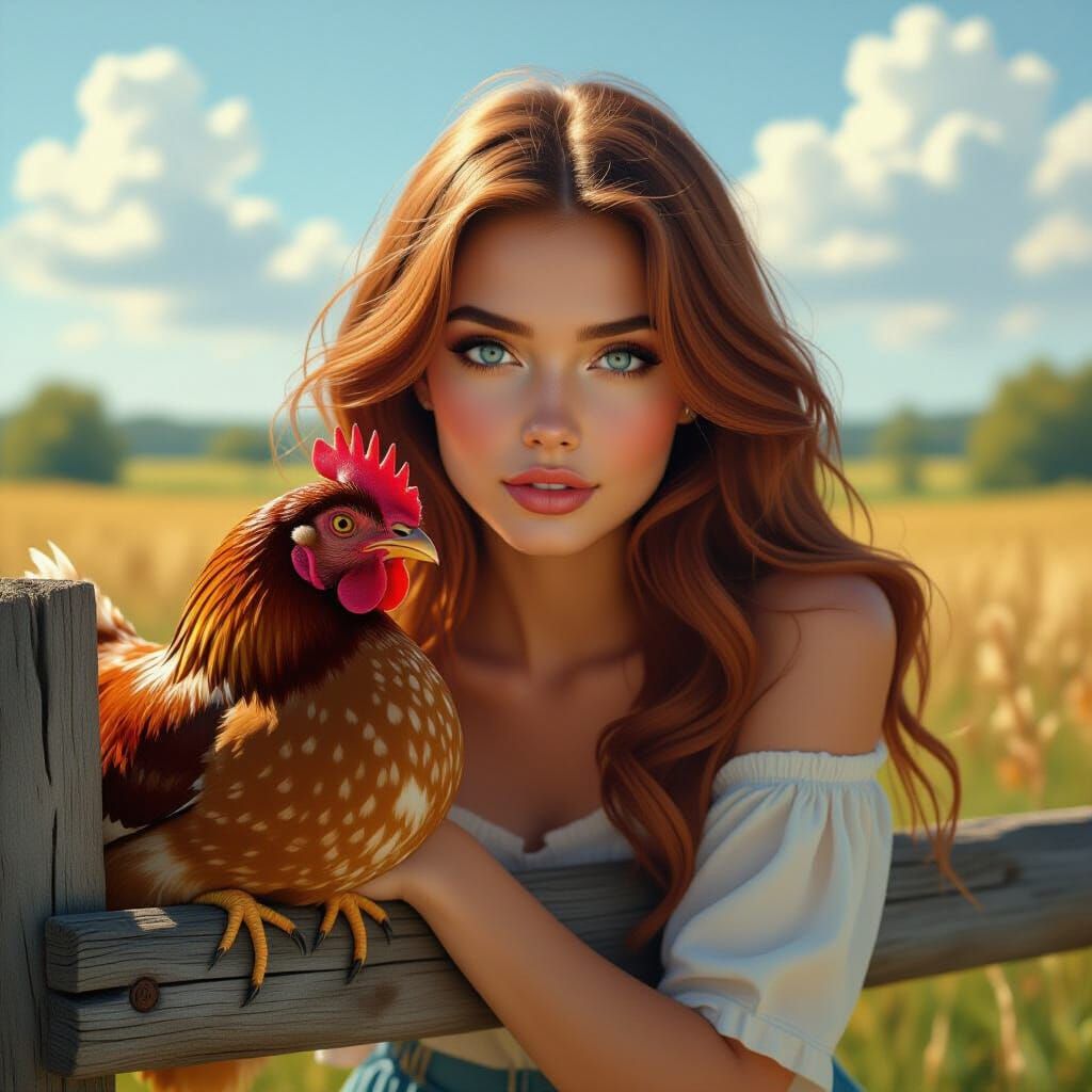 Surreal Woman with Chicken Head in Dreamscape Style