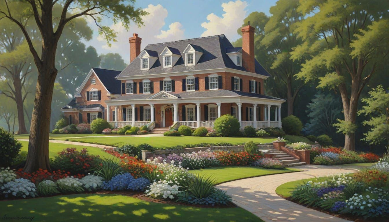 Luxurious Landscaping Enhances Elegant Home: Oil Painting