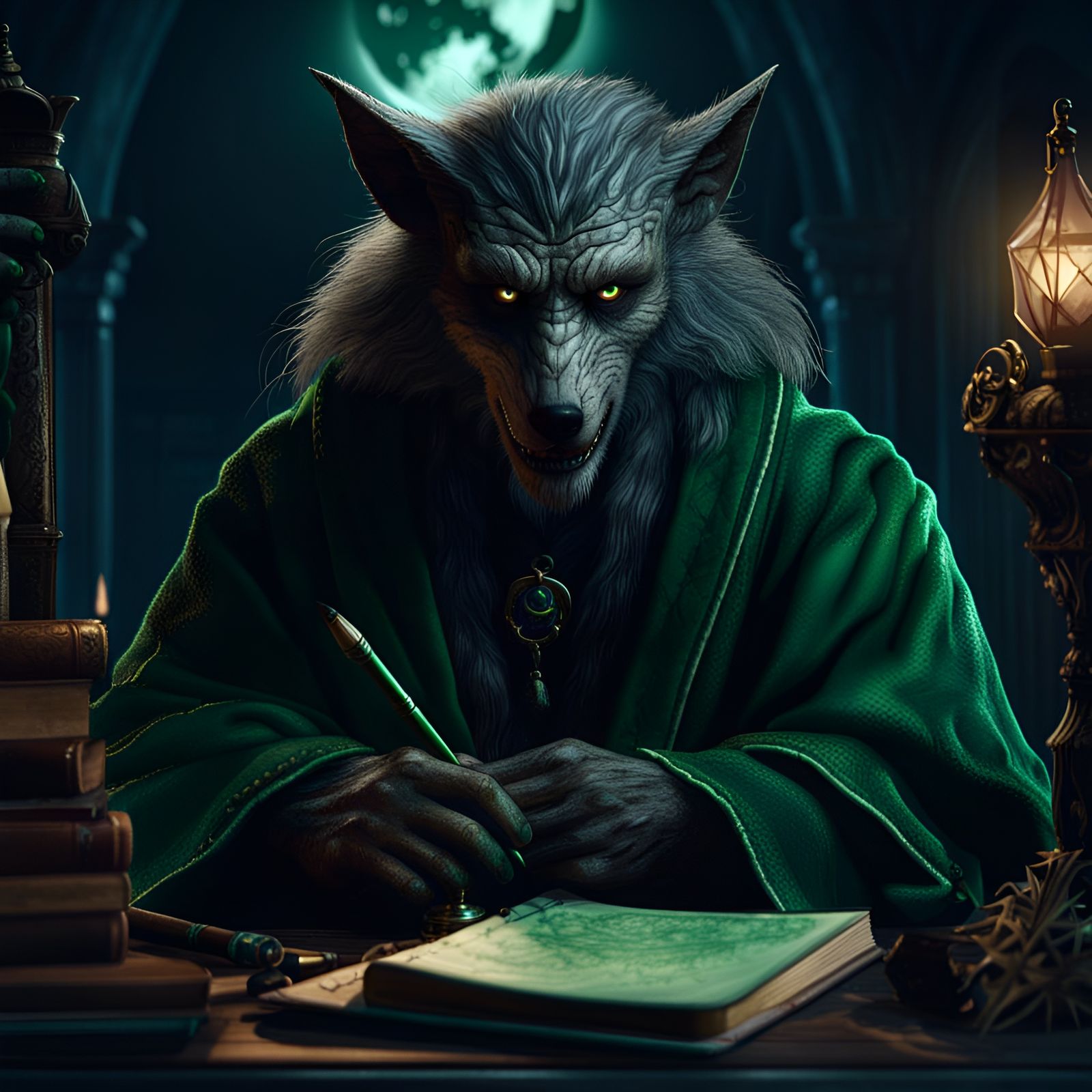 Werewolf in Slytherin Robes Under Mystical Moon