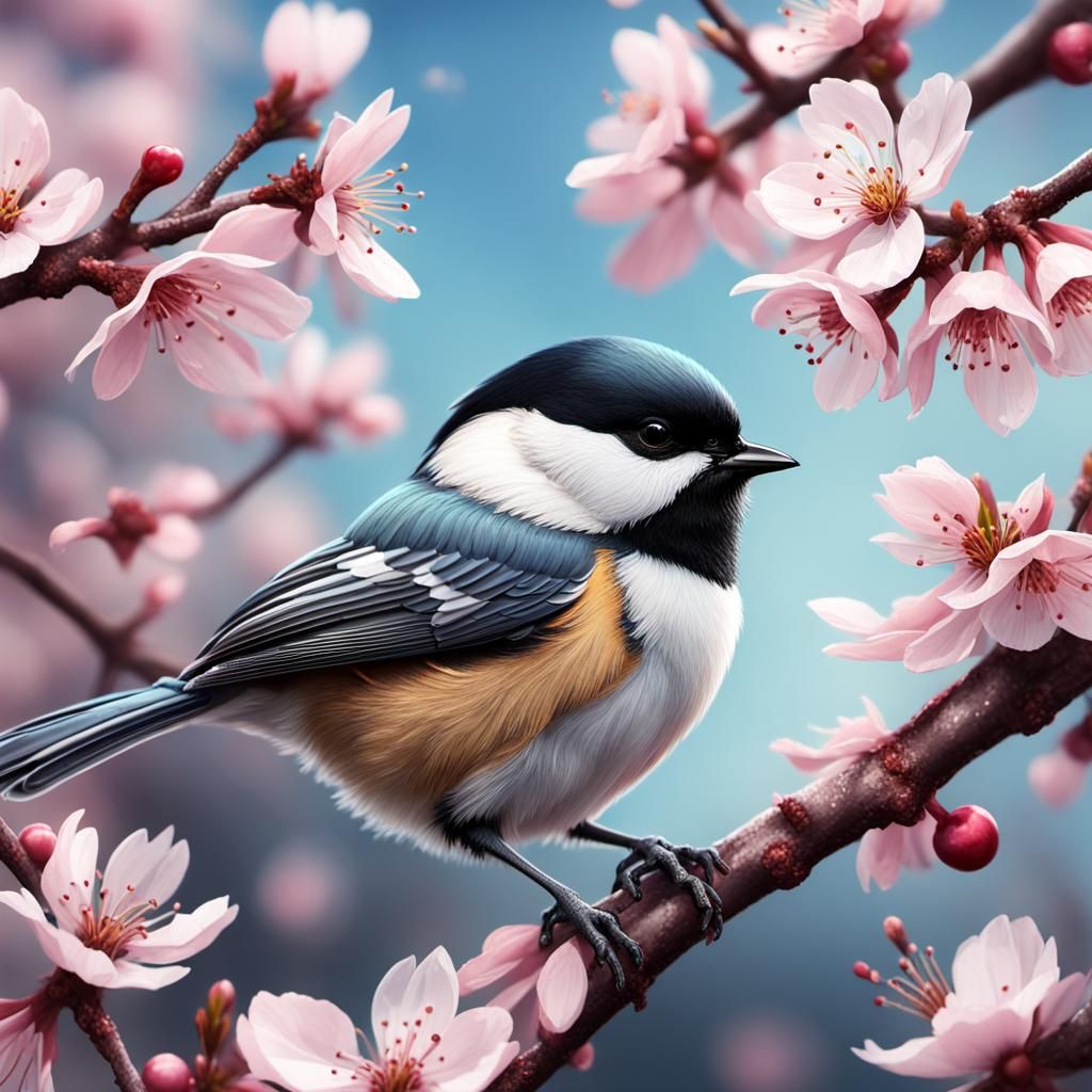 Chickadee in Cherry Blossoms: Fantasy Concept Art