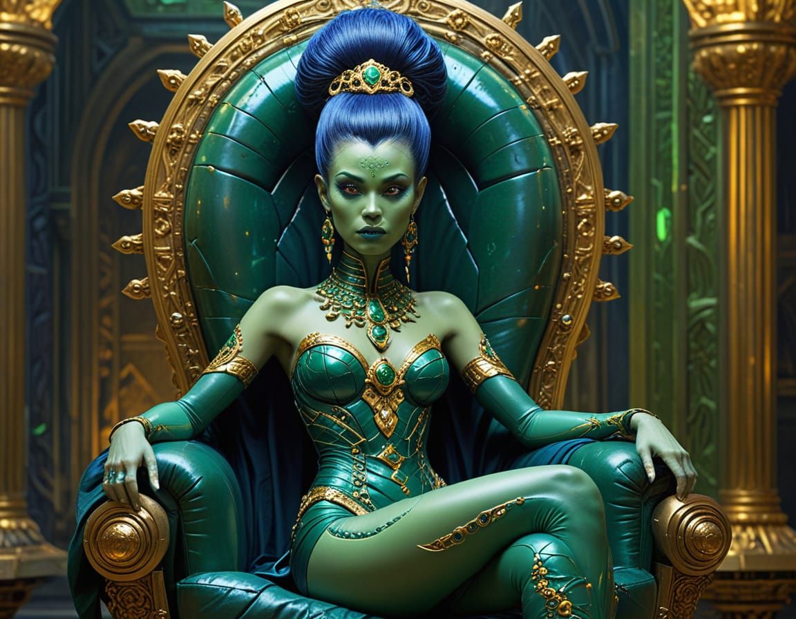 Alien Princess on Emerald Throne in Frazetta Style