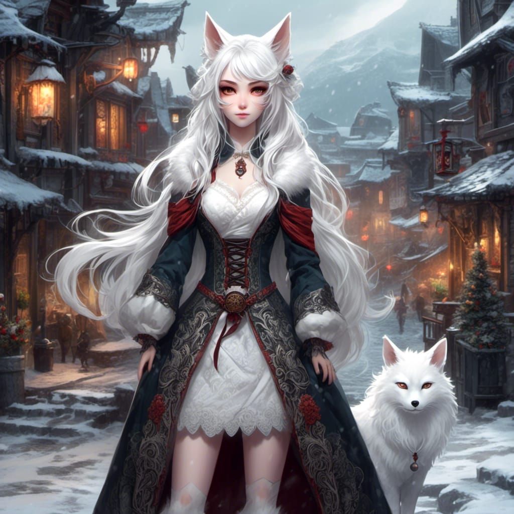 Elegant Female Kitsune in Snowy Town, Fantasy Style