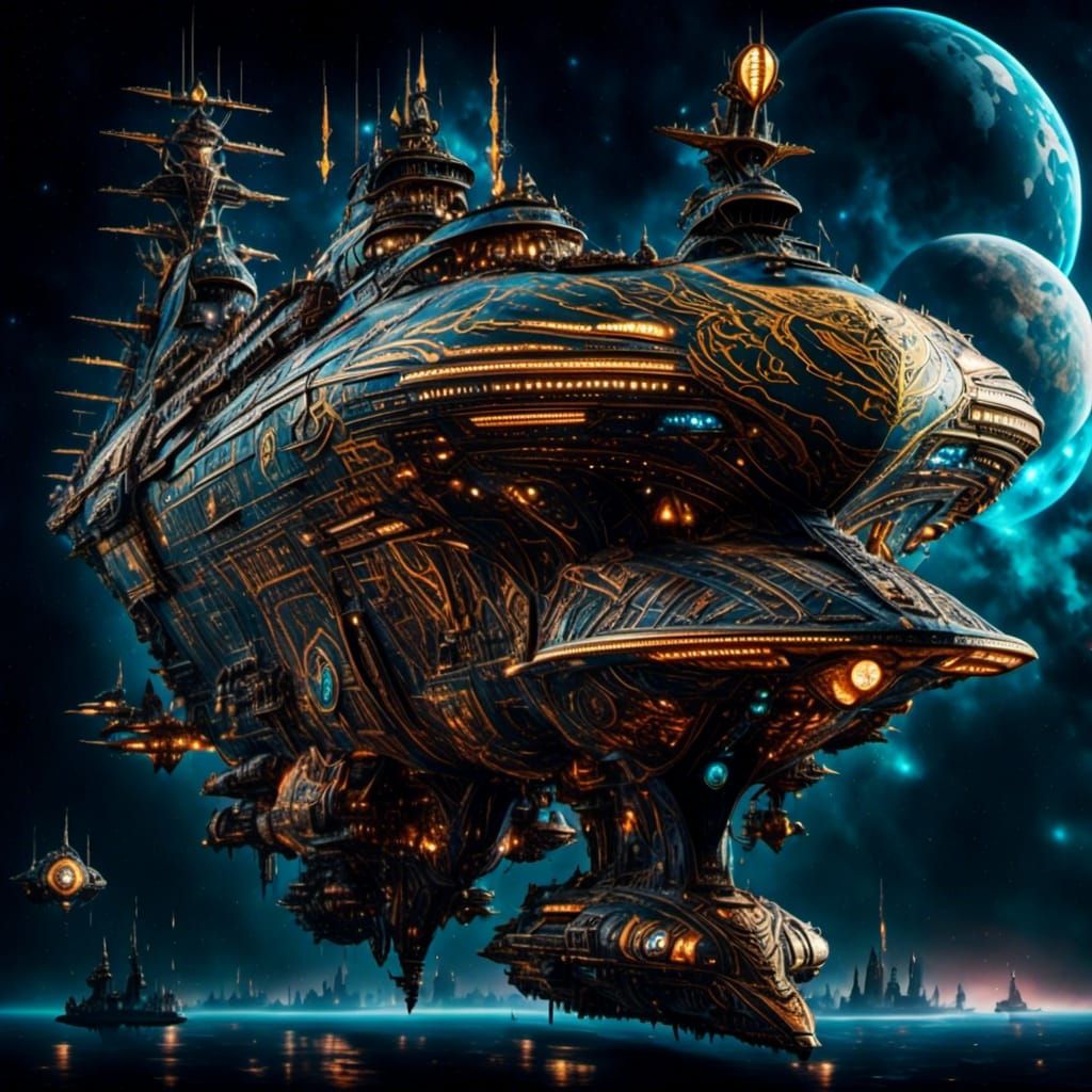 Sci-Fi Starship with Intricate Neon-Gold Details