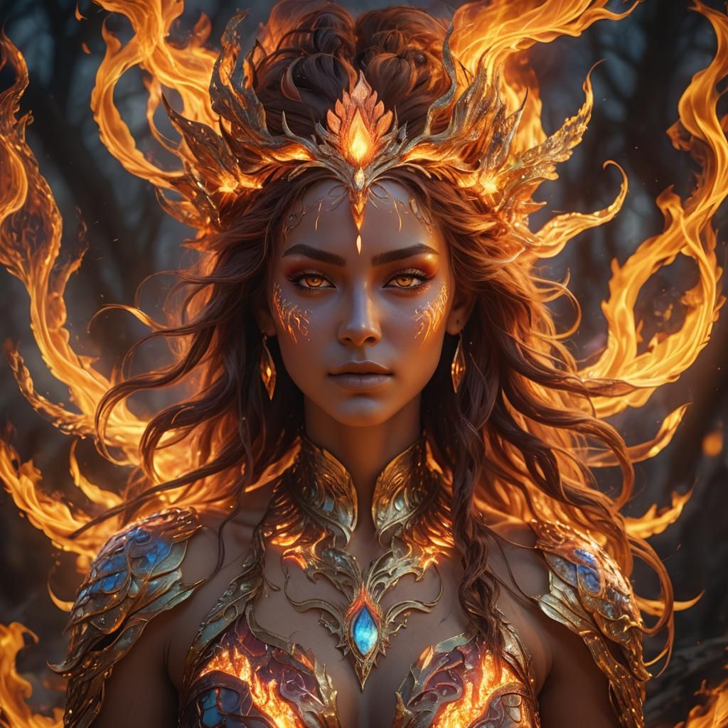 Radiant Fire Goddess Portrait in Fractal Style