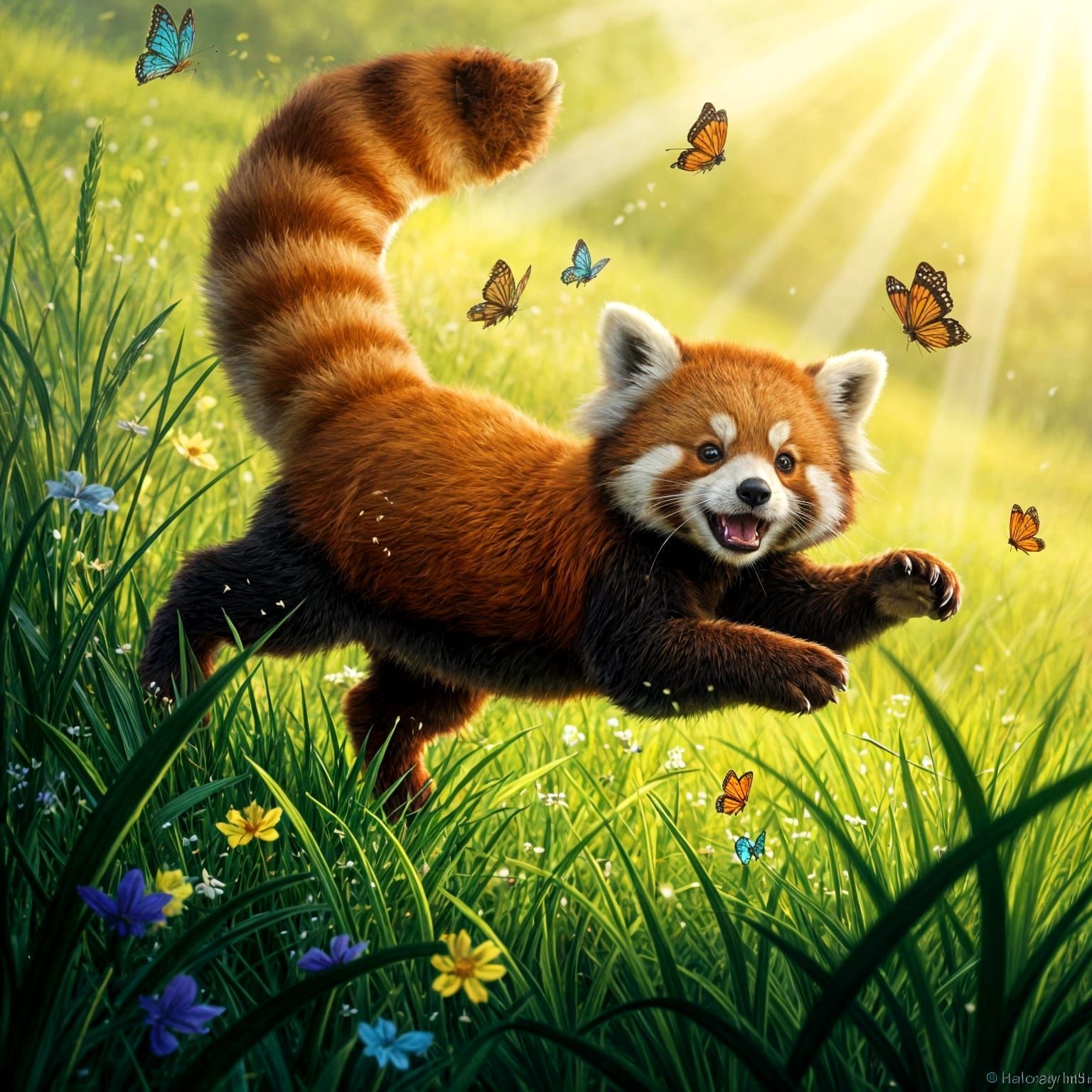 Red Panda Frolics in Sunny Meadow, Haenraets Style