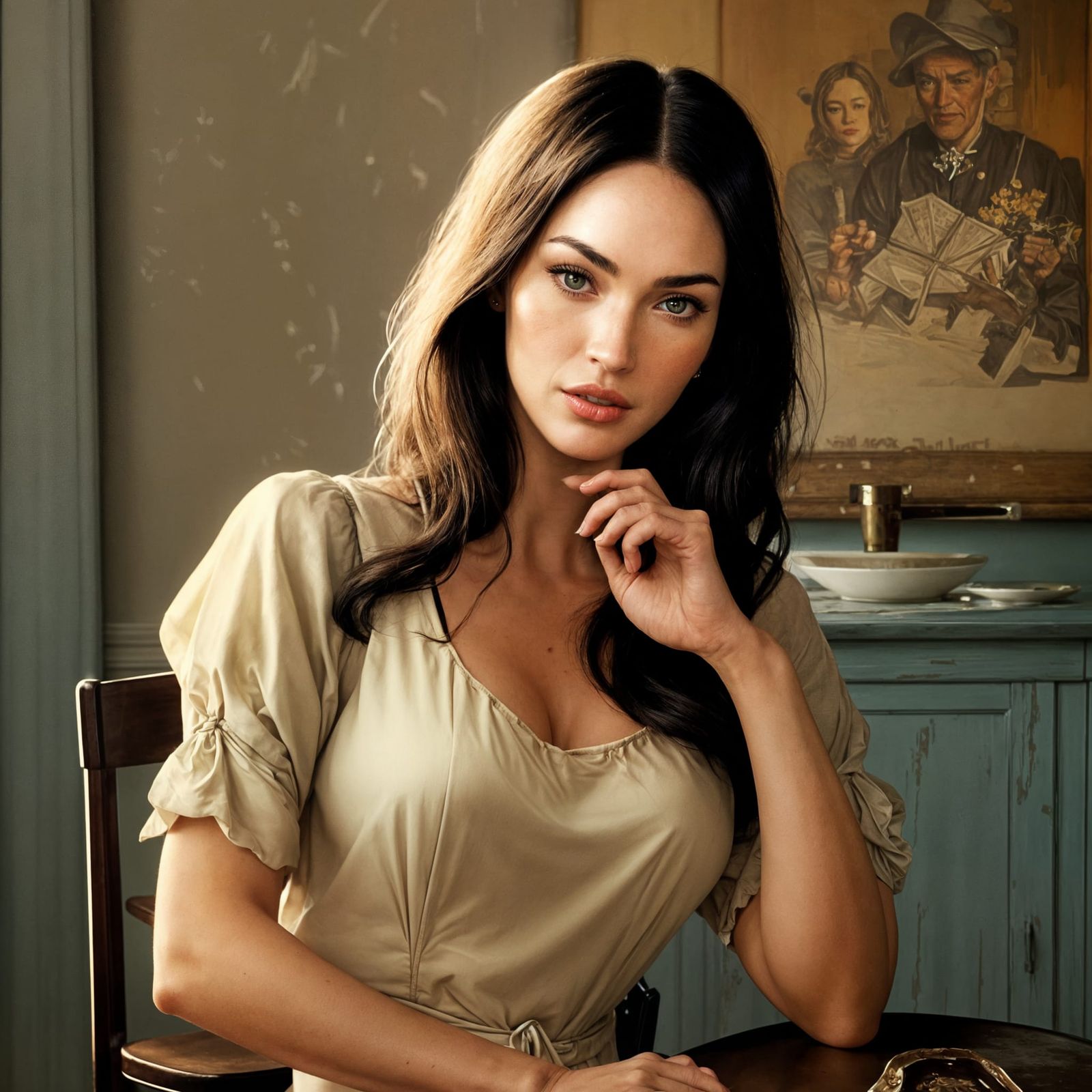 Megan Fox Portrait in Rockwell Style