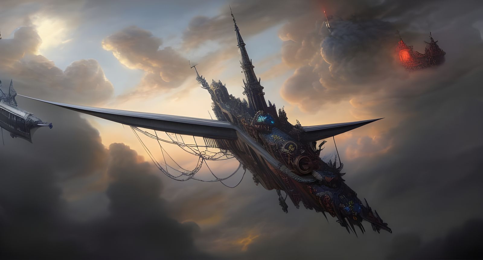 Fantasy Airship Soaring Through Clouds in Dark Fantasy Style