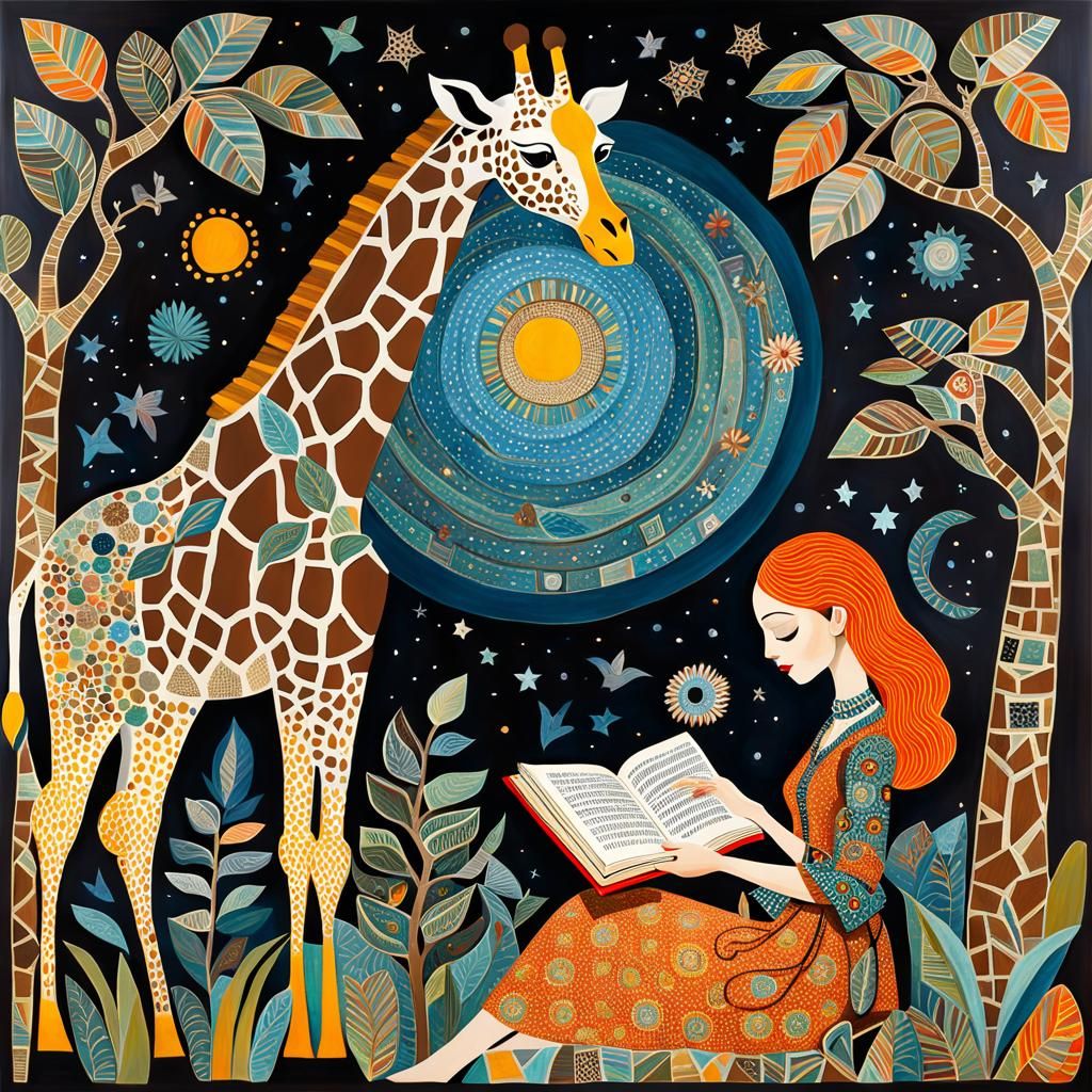 Giraffe Reading to Girl in Whimsical Style