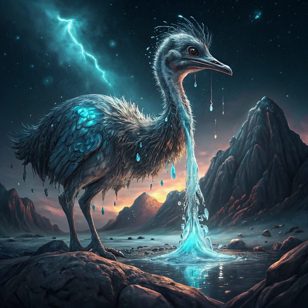 Biomechanical Emu Emerges from Obsidian Island in a Radiant,...
