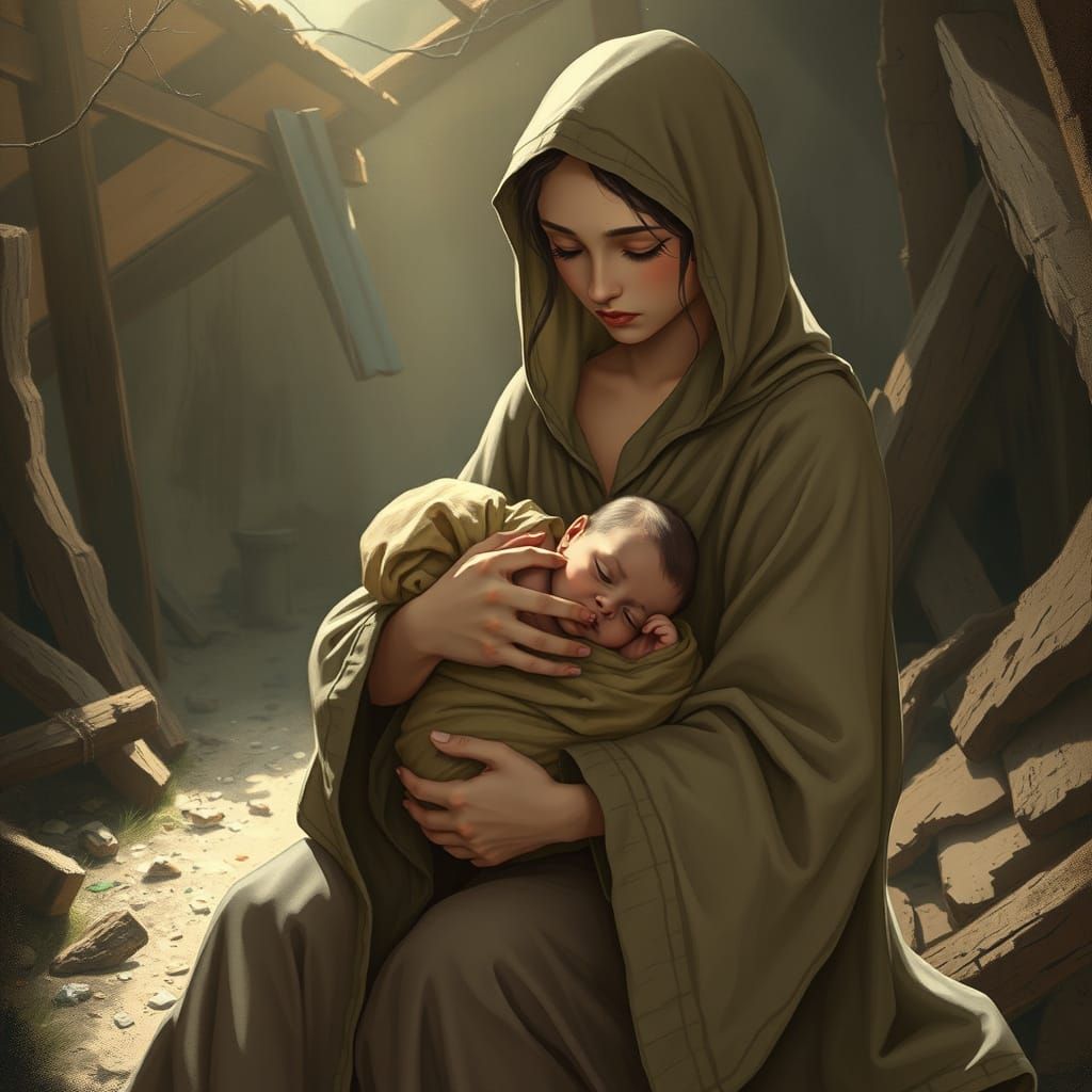 Serene Mother and Child in Rustic Stable