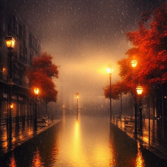 Steampunk City in Autumn Rain: Anime Art