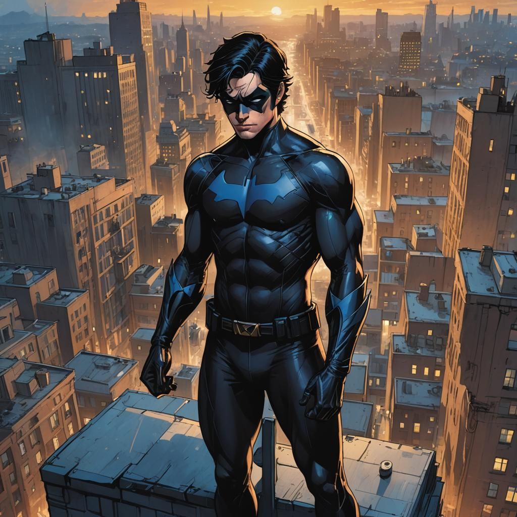 Nightwing on Gotham Rooftop: Comic Book Art