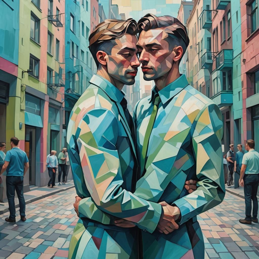 Gay Men Embrace as Geometric Fauvist Oil Painting