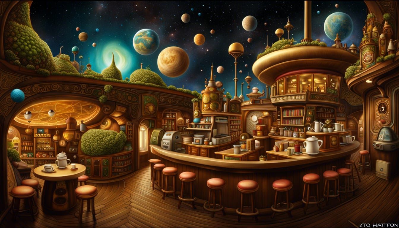 "A Coffee Shop In Space" (Maximalist/Surreal)