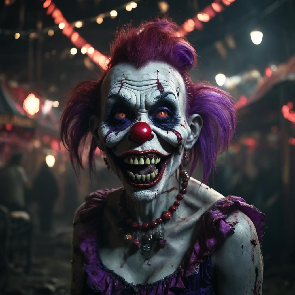 Eerie Zombie Clown Woman in Abandoned Carnival