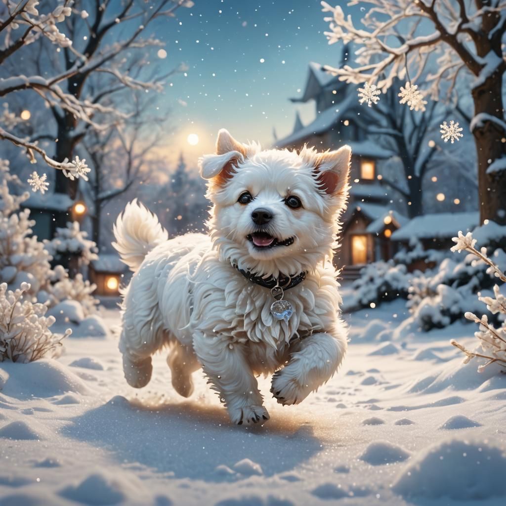 Cute Puppy Frolicking in Winter Snow, Fantasy Art