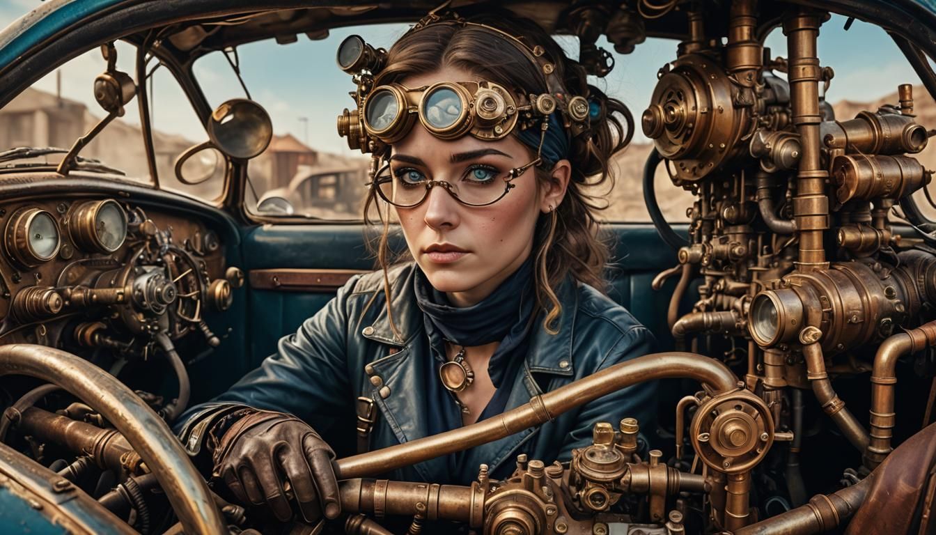 Steampunk Mechanic Inspecting Engine in Hyperrealistic Style