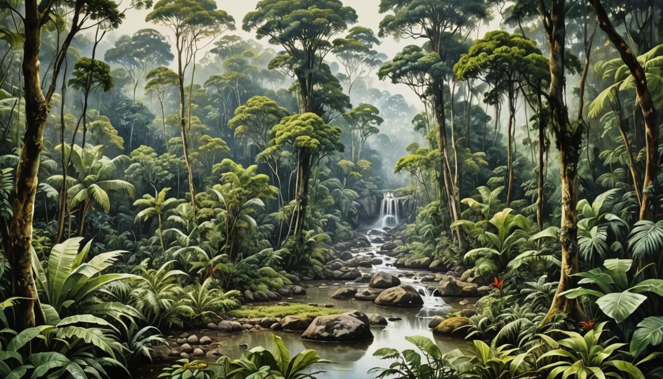 Borneo Jungle Landscape in Romantic Watercolor Style