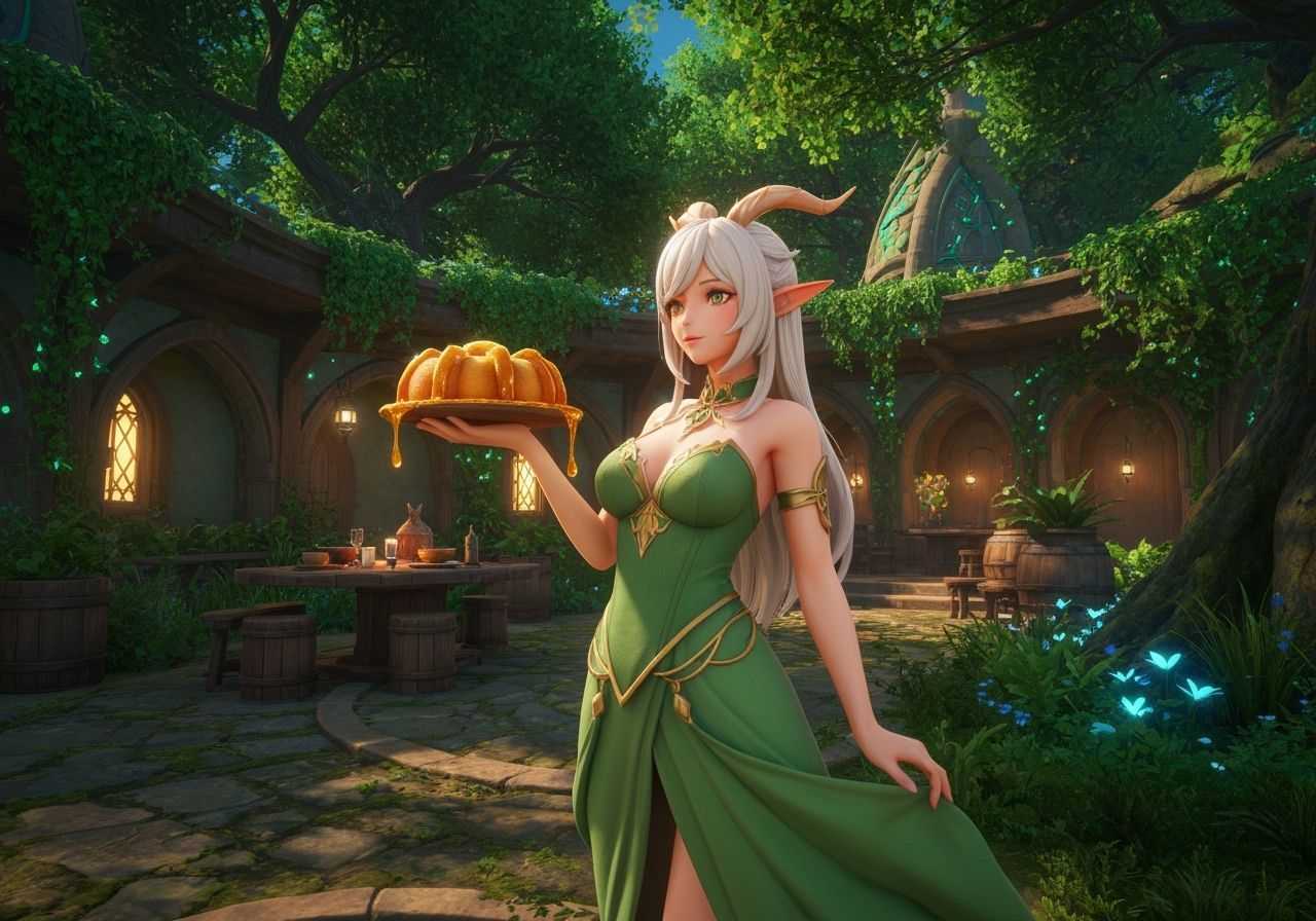 Elven Woman Presents Spider Cake in Enchanted Tavern