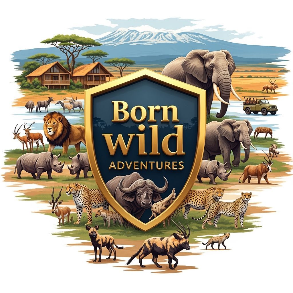 African Adventure Logo with Wildlife: 3D Golden Font