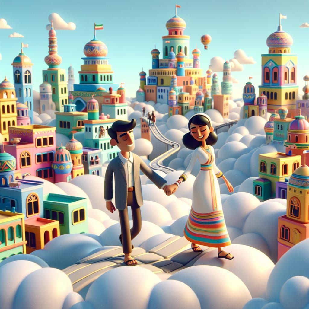 Disney Pixar style 3D colorful and fun city, built in clouds...