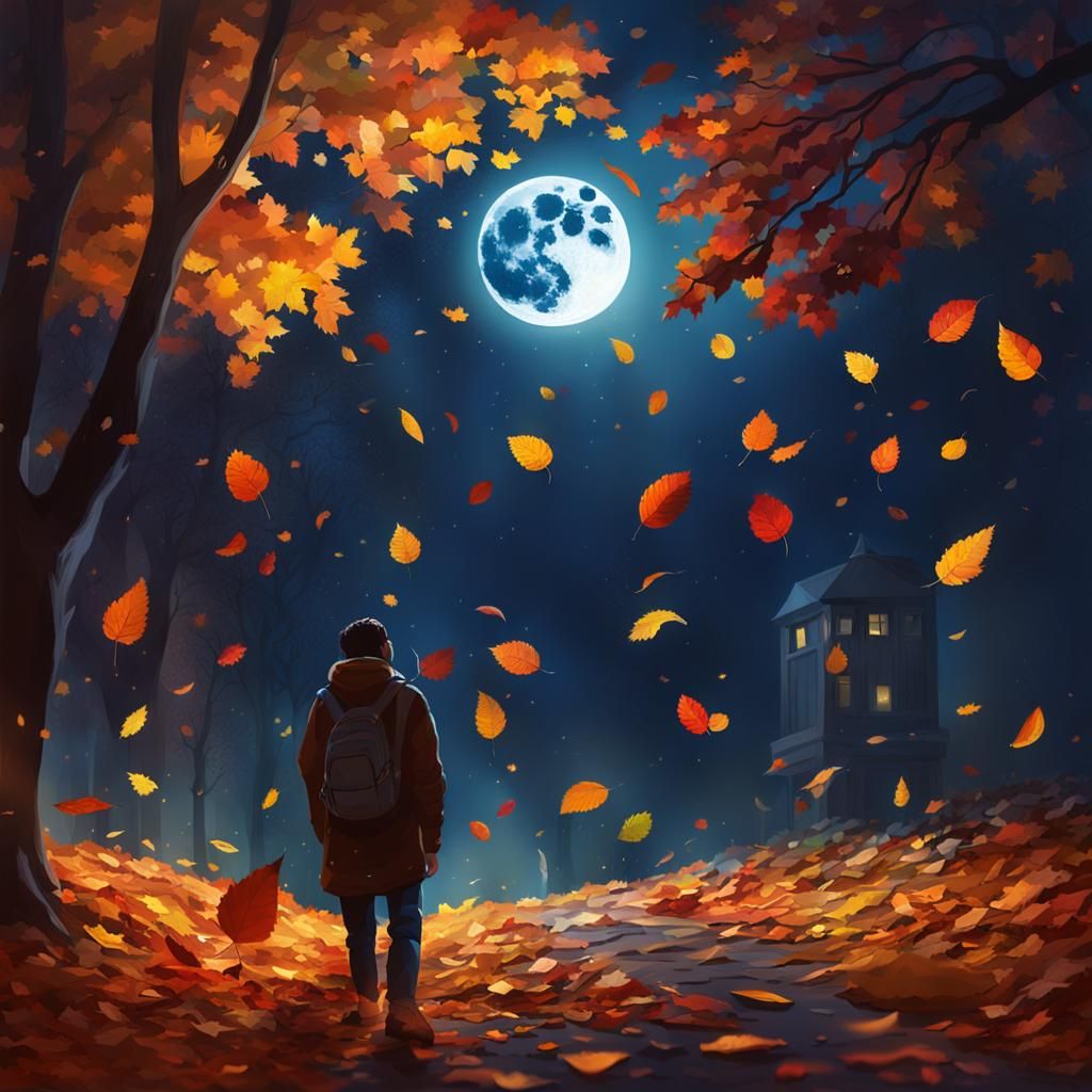 Surreal Autumn Moonlit Night in Hyperrealistic Style