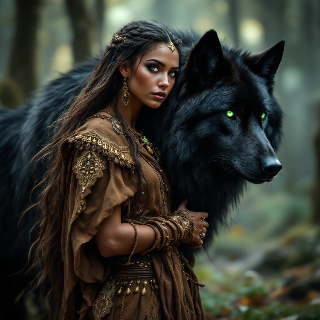 Viking Shieldmaiden with Wolf in Mystical Landscape