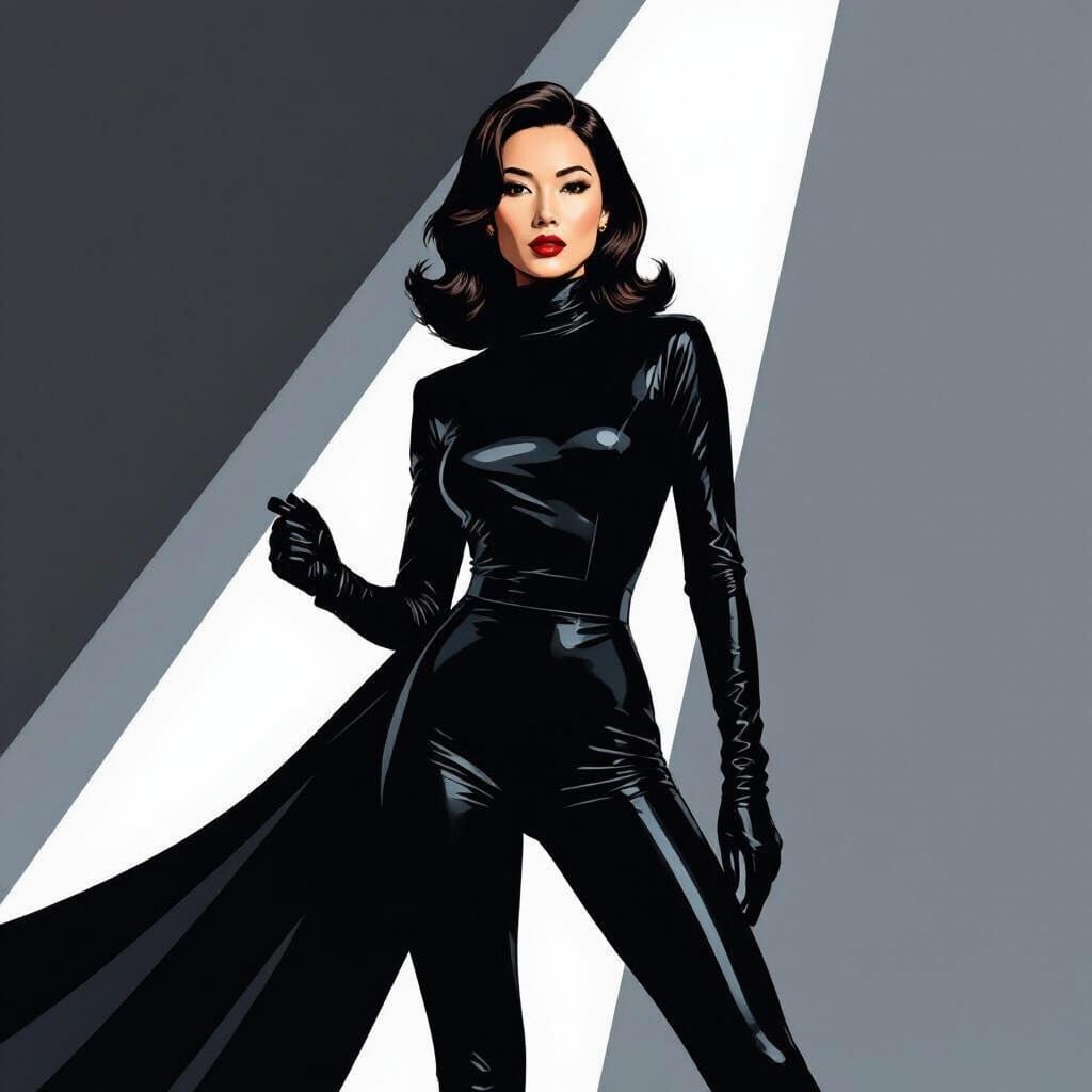 Emma Peel-Inspired Asian Woman in Black Jumpsuit
