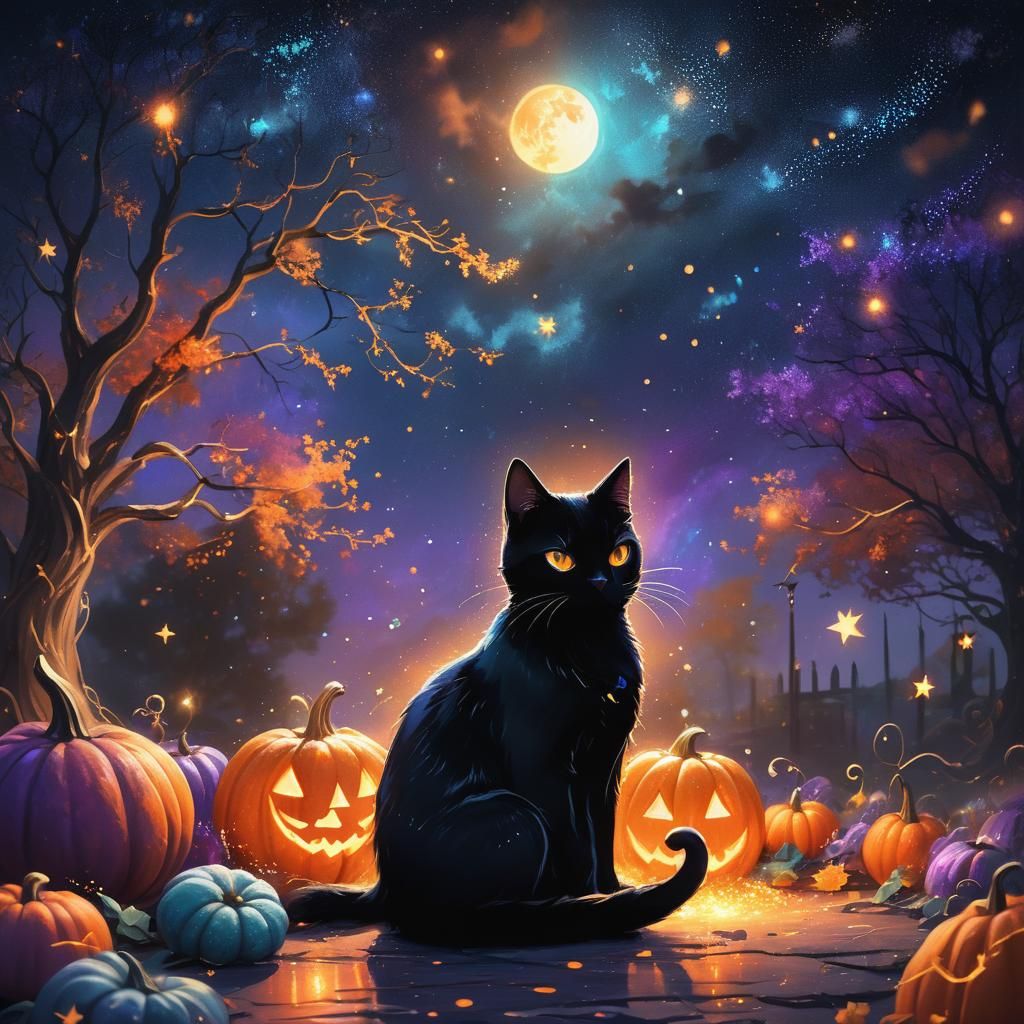 Magical Black Cat and Pumpkin Fantasy Art