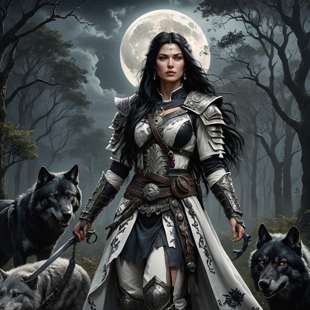 Warrior Woman and Black Wolf in Moonlit Forest