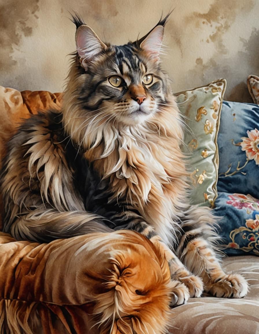 Majestic Maine Coon Cat in Watercolor Style
