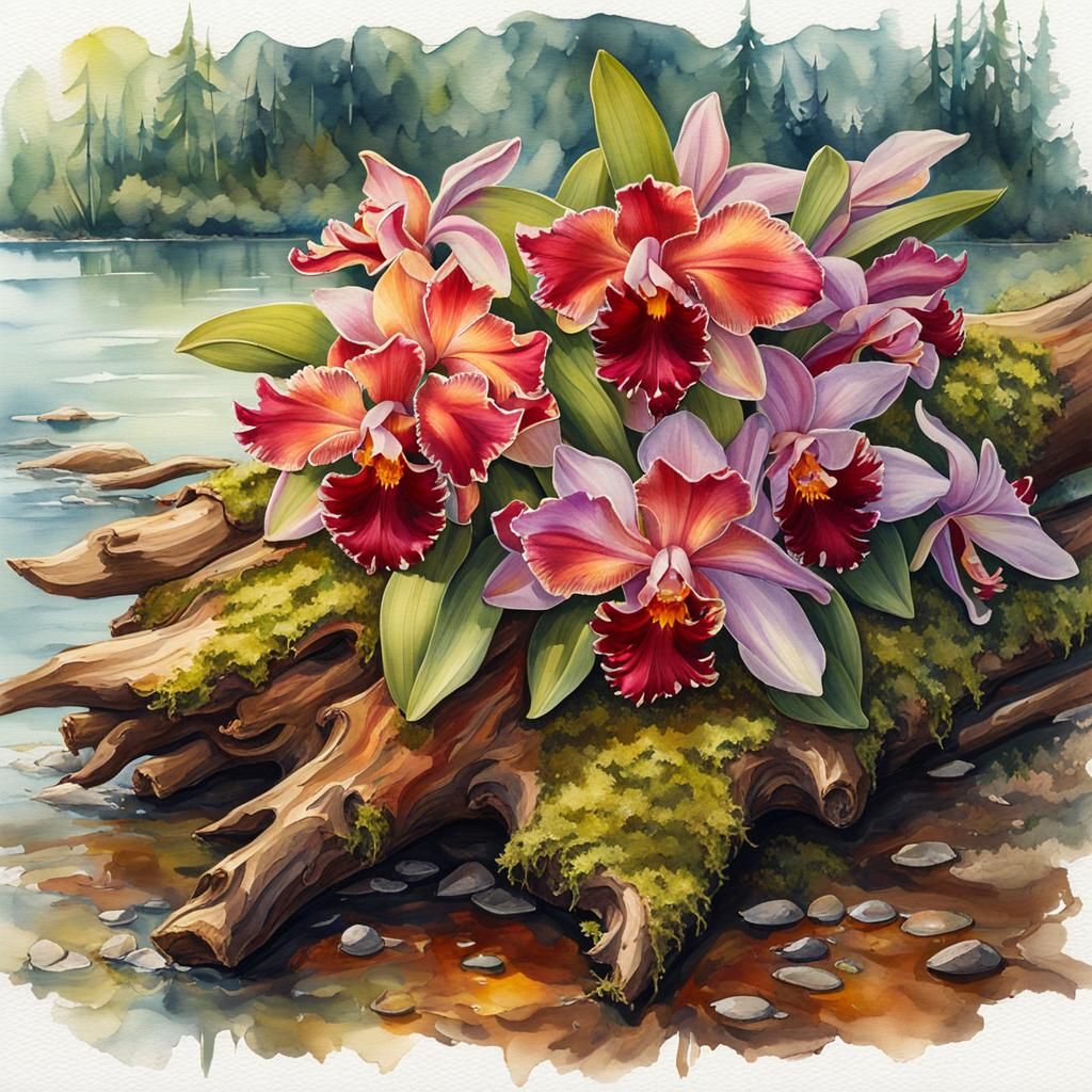 Orchids on Riverbank in Watercolor and Alcohol Ink