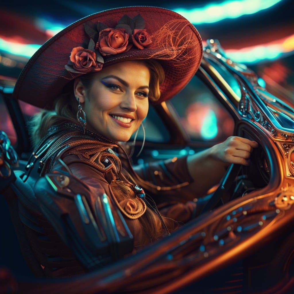 Chubby Cowgirl Drives Futuristic Car: Digital Art