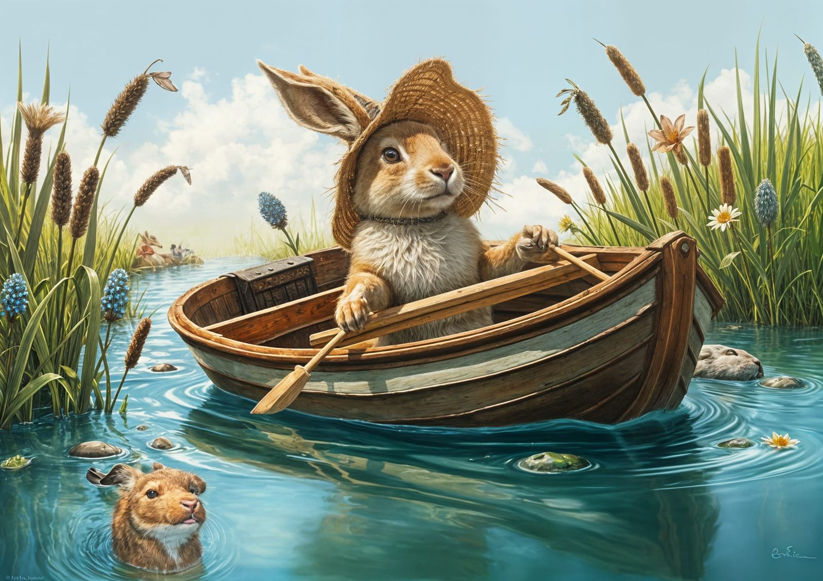 Rabbit in Rowboat: Whimsical Fantasy Illustration