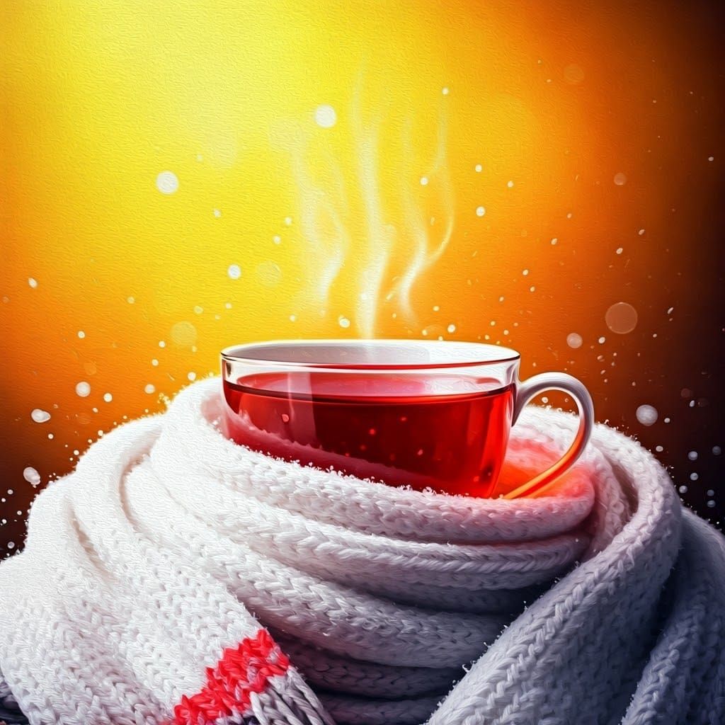 Vibrant Red Tea Cup in Winter Scarf, Splash Art