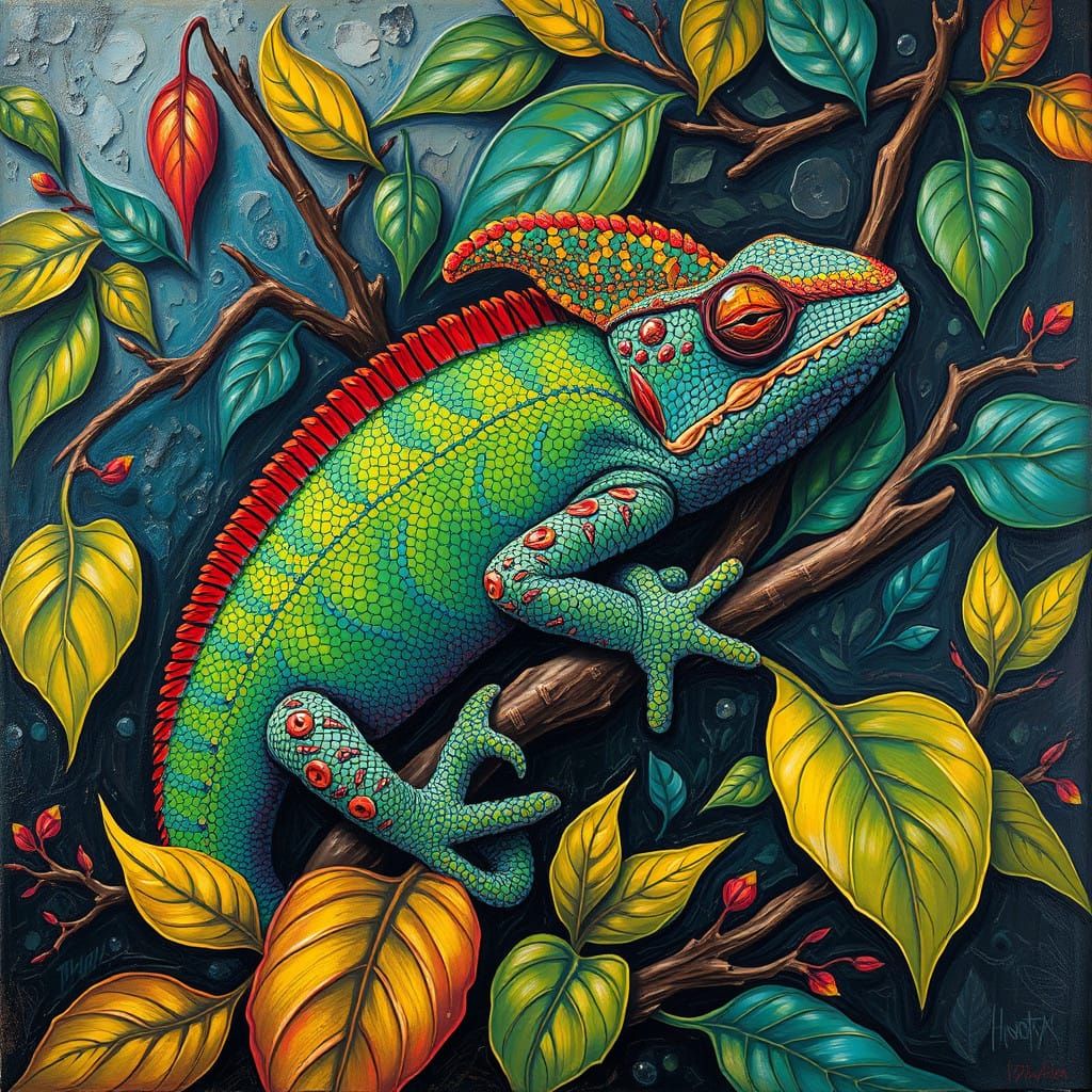 Expressive Chameleon in Thick Impasto Paint