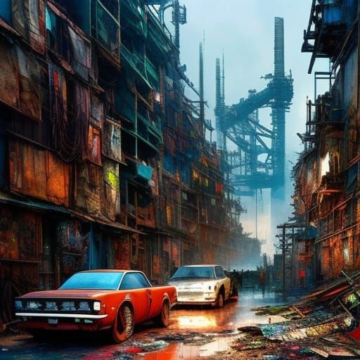 Industrialpunk Mega-Slums in Mixed-Media Collage Style