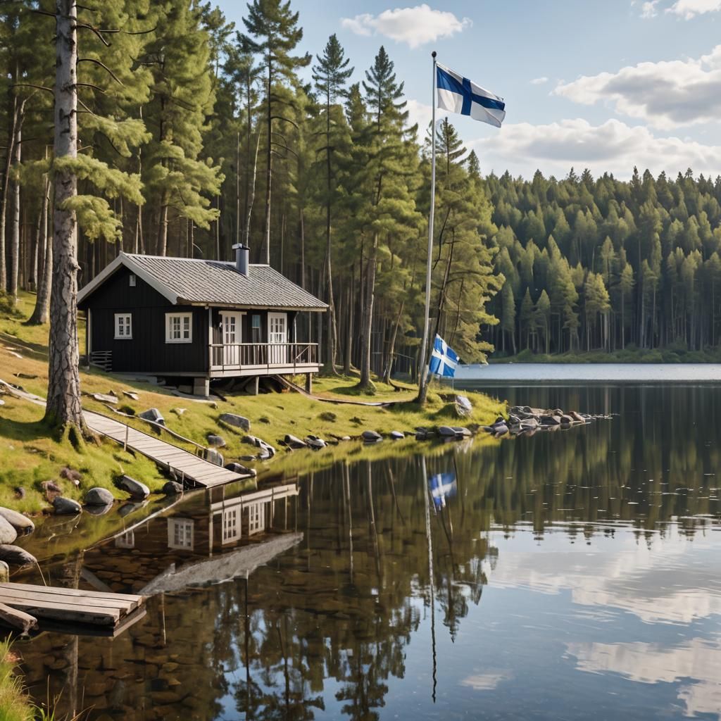 Lakeside Cabin with Finnish Flag, DSLR Photography