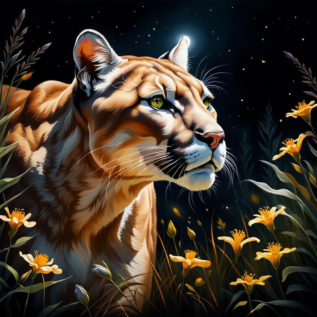 Cougar Prowling Through Wildflowers in Angelic Light