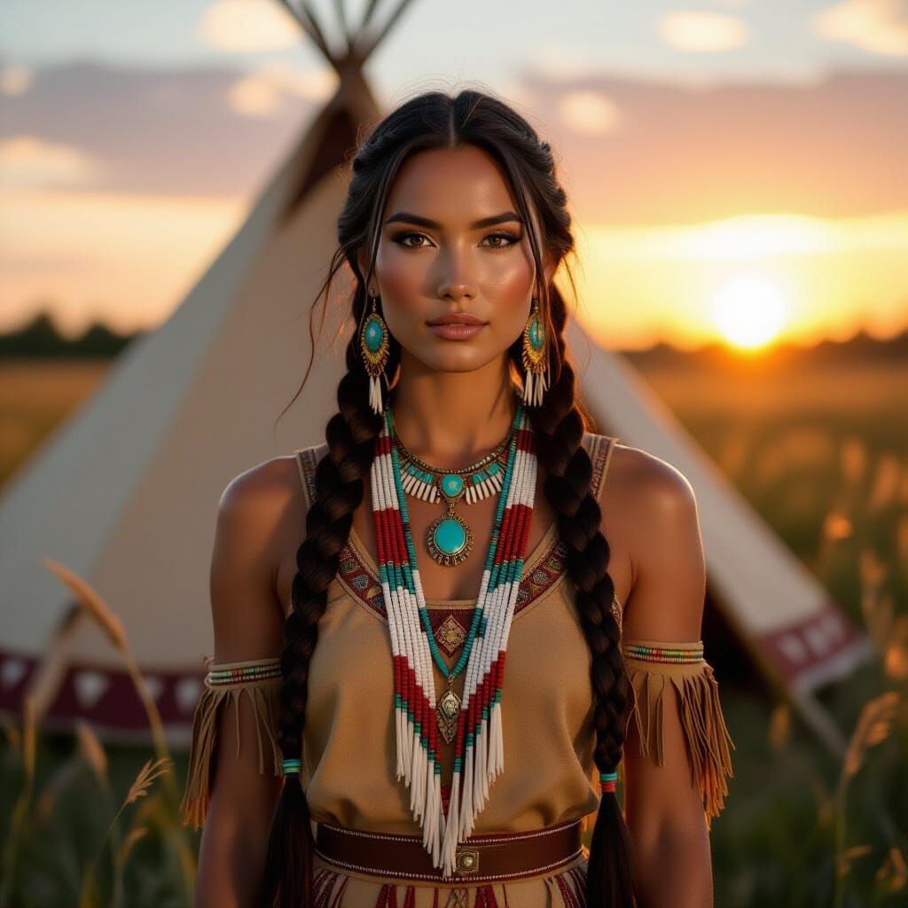Indigenous Woman in Beaded Dress at Golden Hour