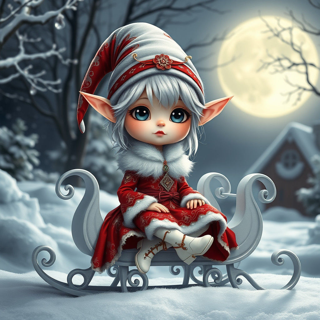 Chibi Christmas Elf in Moonlit Garden