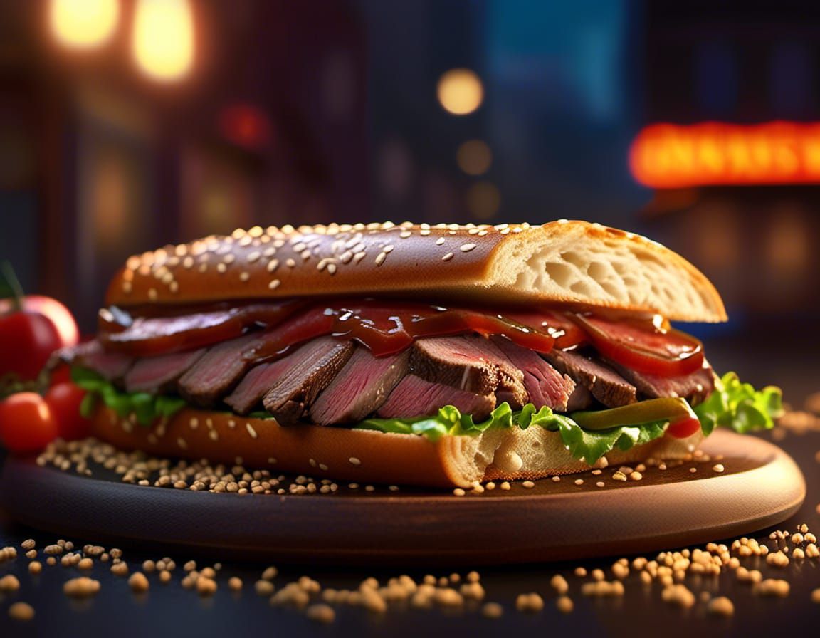Hyperrealistic Roast Beef Sandwich with Neon Lighting