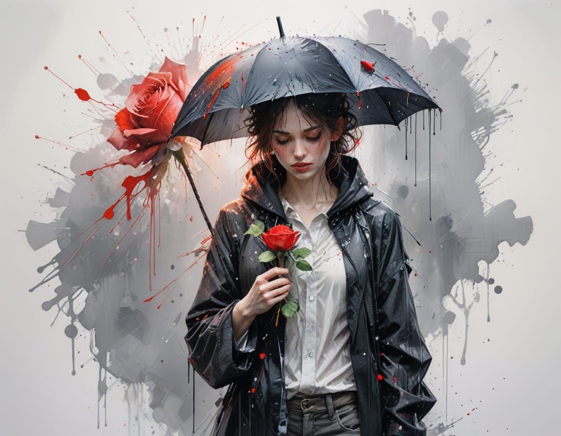 Figure Holds Glowing Rose in Rain