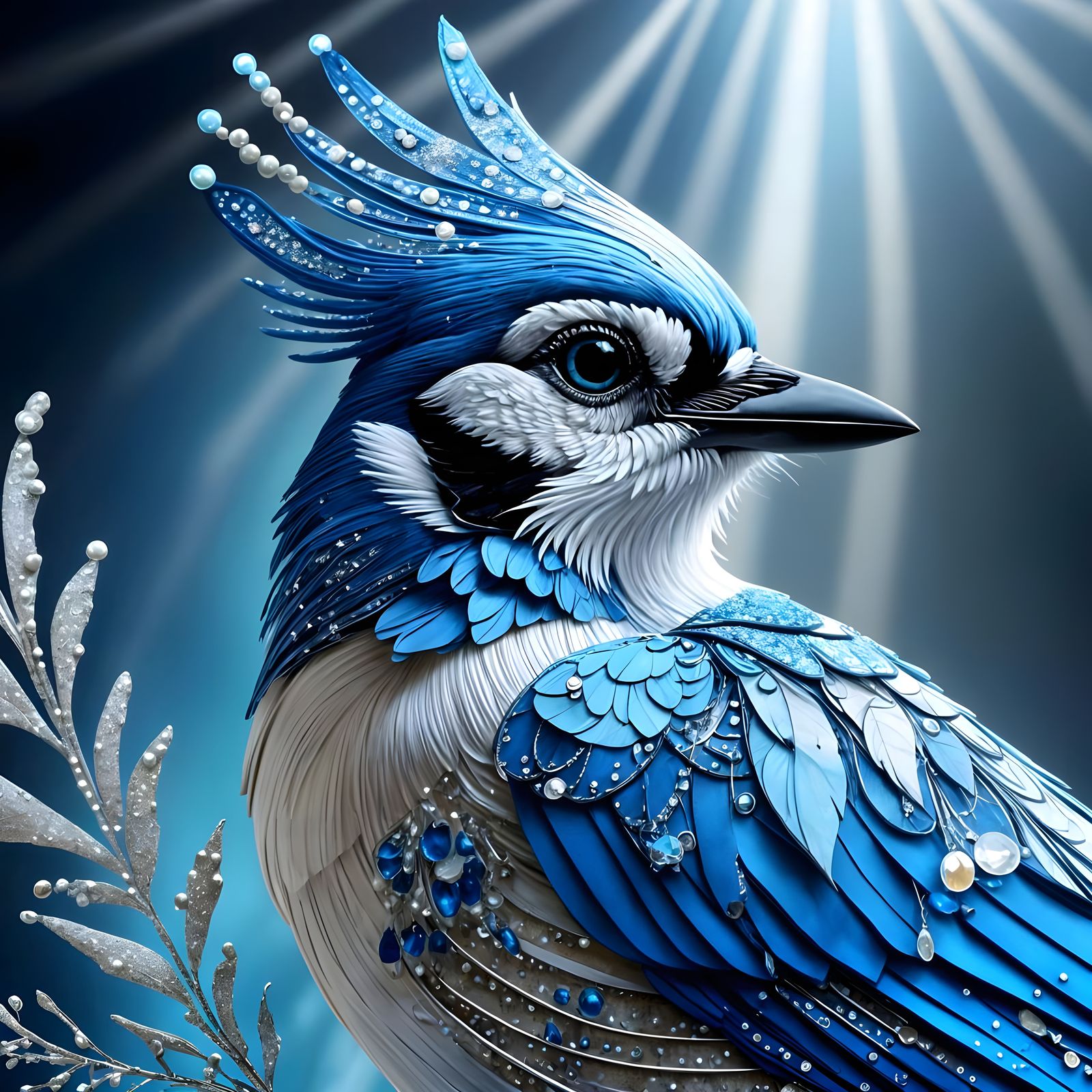 Sparkling Azure Blue Jay in Opal and Silver Filigree