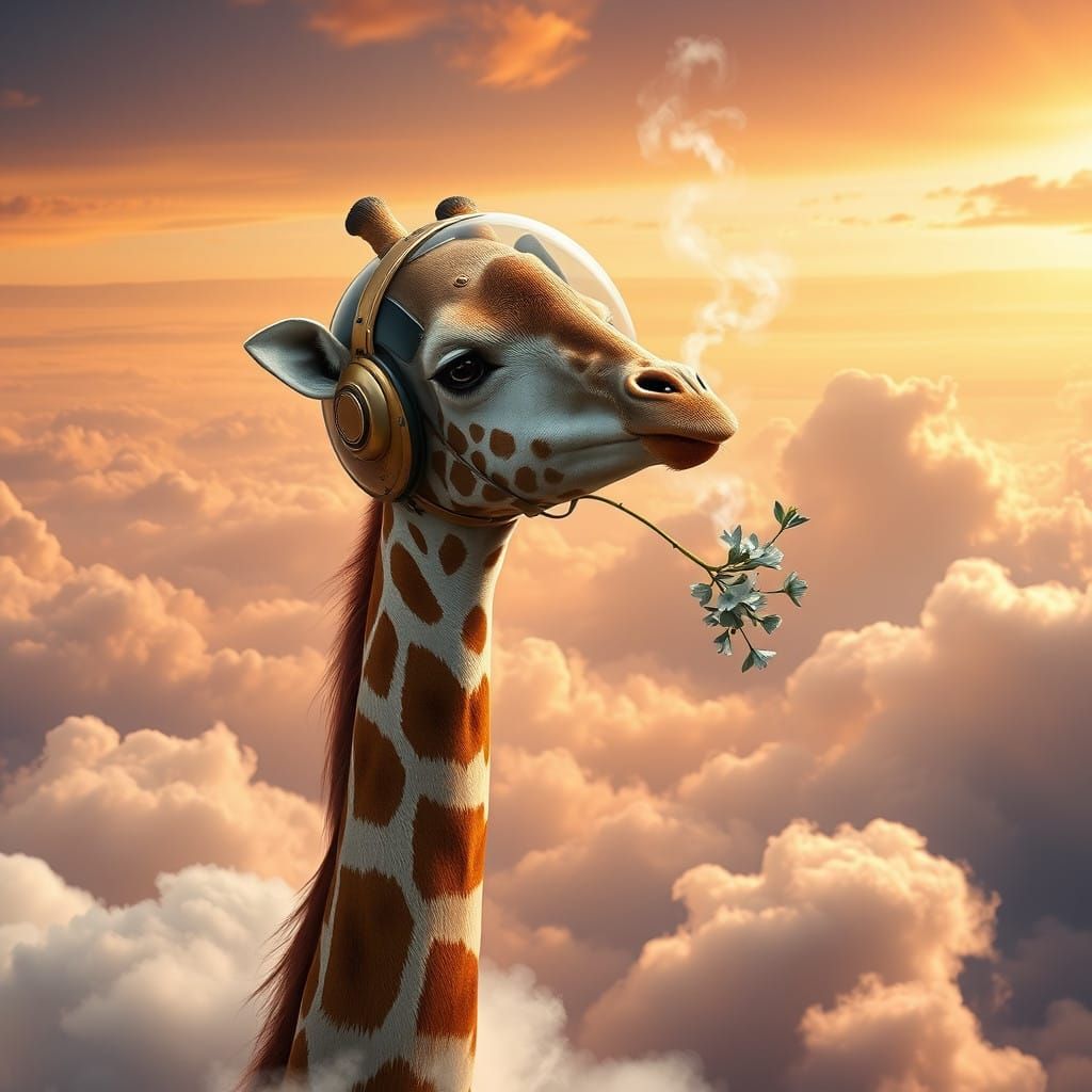 Giraffe in Astronaut Helmet, Drifting Among Clouds
