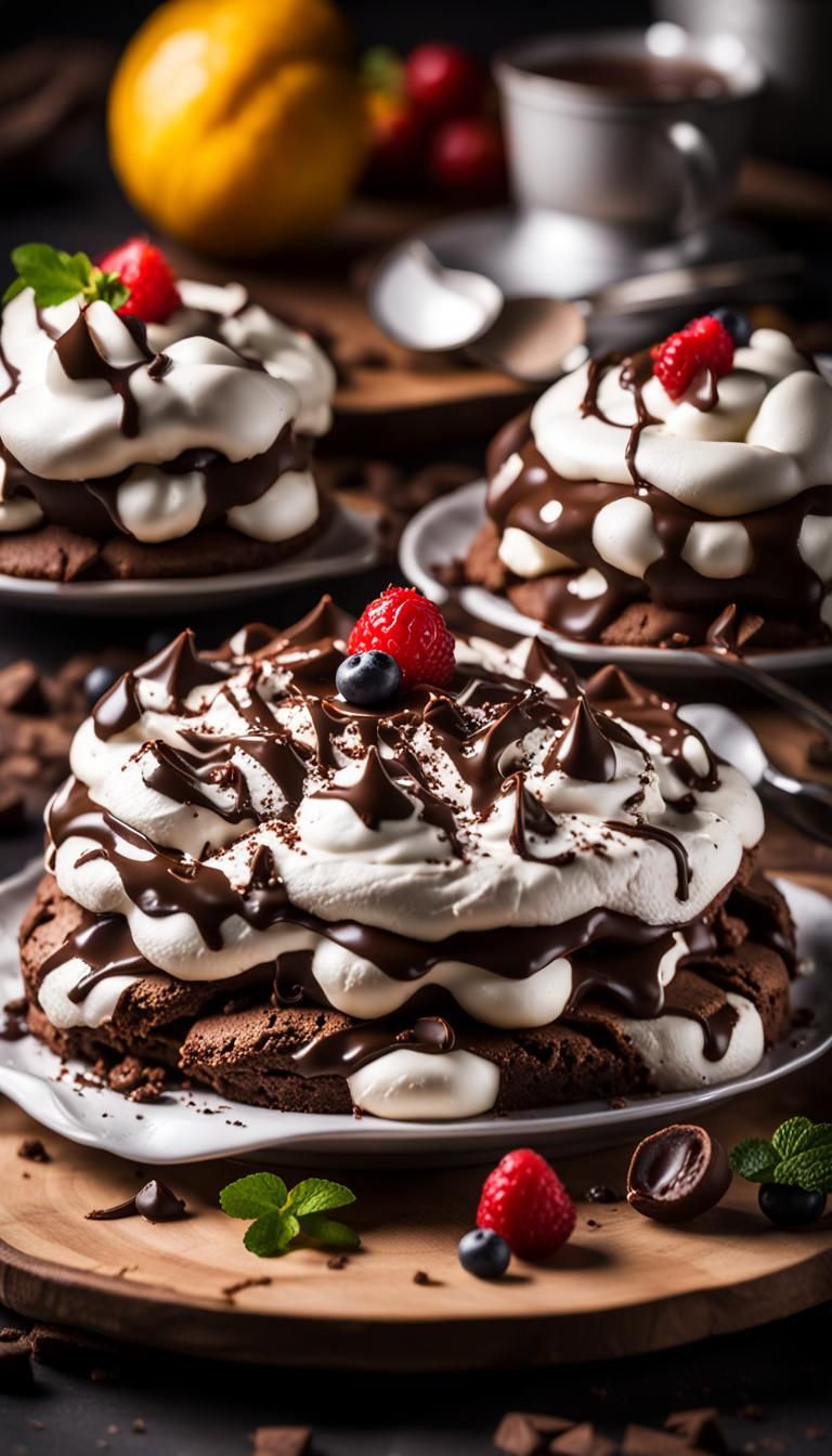 Exquisite Chocolate Pavlova: 8K Professional Food Photograph...